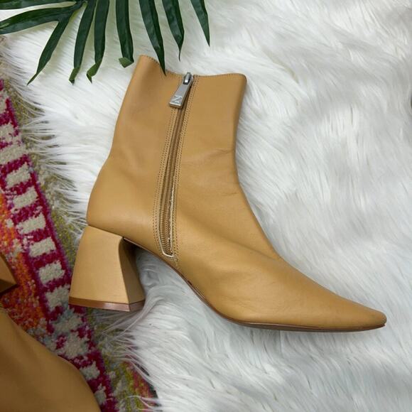 Zara Neutral Tan Square Toe Minimalist Block Heel Leather Ankle Boot 38/8 - Picture 6 of 10